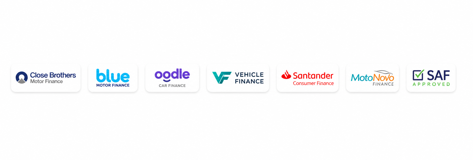 Logos of lenders we work with, including Close Brothers Motor Finance, Blue Motor Finance, Oodle, Vehicle Finance, Santander, MotoNovo and SAF Approved
